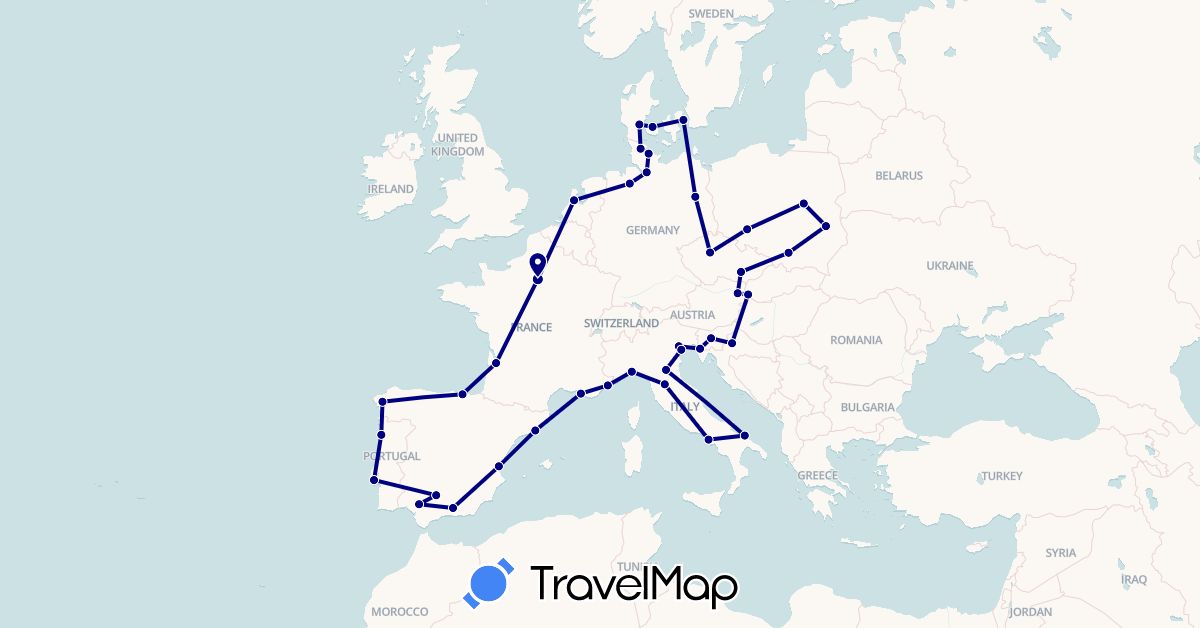 TravelMap itinerary: driving in Austria, Czech Republic, Germany, Denmark, Spain, France, Croatia, Italy, Netherlands, Poland, Portugal, Slovenia, Slovakia (Europe)